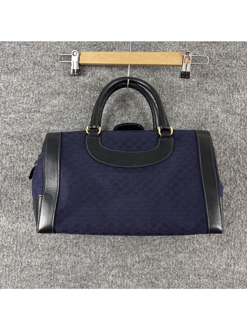 Vtg Gucci Micro GG Canvas Boston Satchel Bag Handle Navy Leather Italy 90s 80s